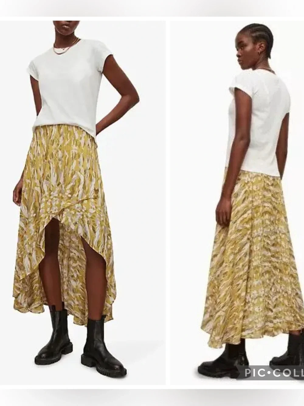AllSaints Slvina Oniyuri Yellow Multi Camo Print Asymmetric Maxi Skirt Size 8